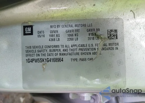 2016 Buick Verano Sport Touring Group из США, поврежденный, VIN 1G4PW5SK1G4168964